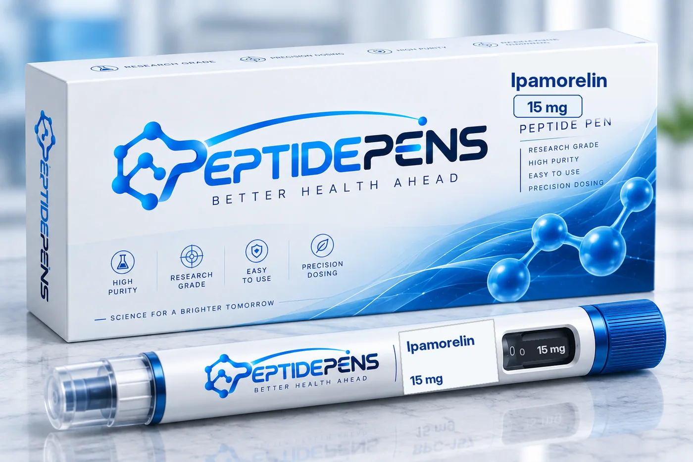 Ipamorelin Pen mit 15 mg, Pen und Verpackung